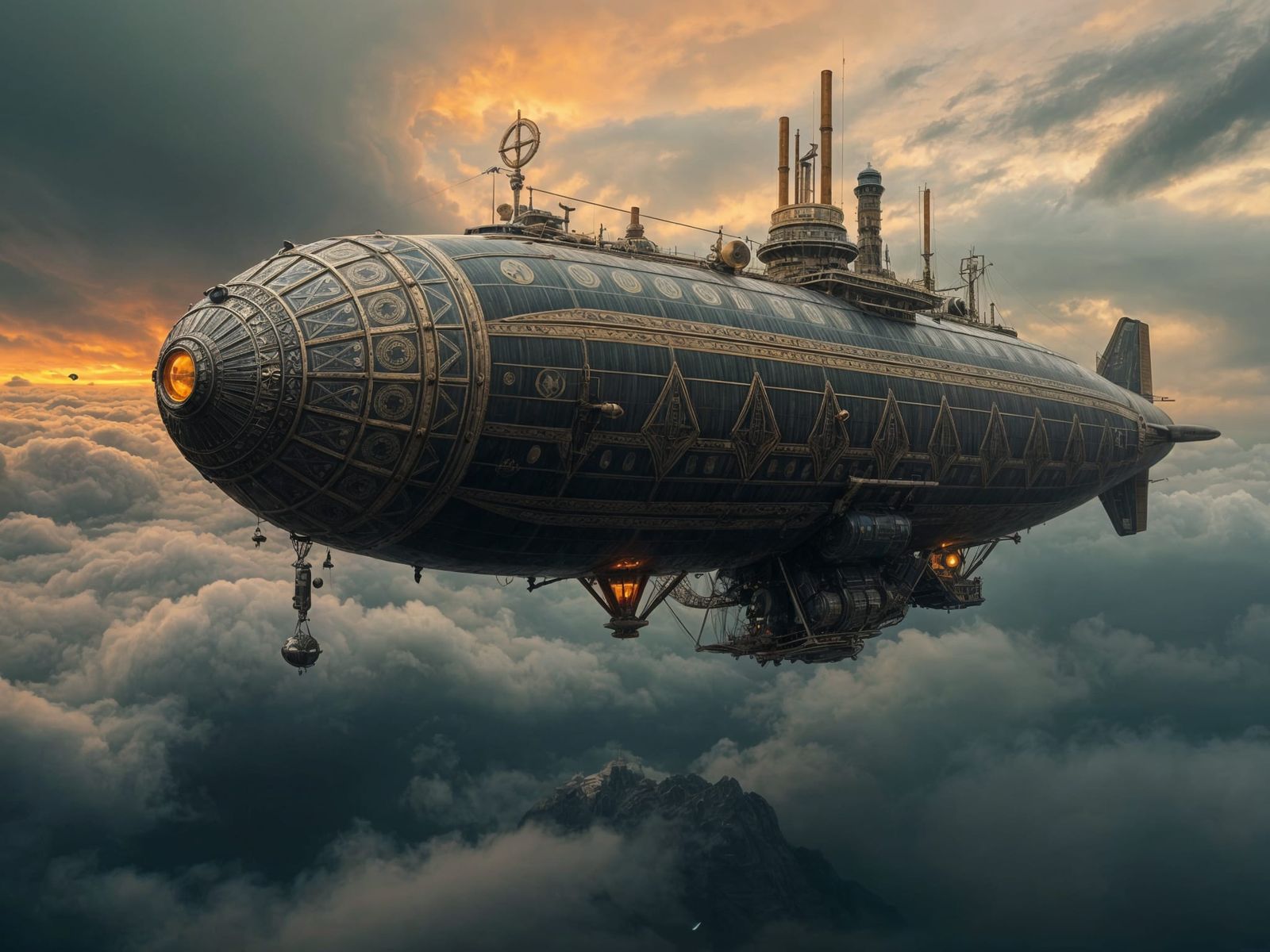Airship Over Alien World in Dieselpunk Art Deco Style