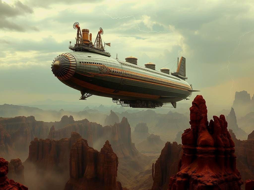 Dieselpunk Airship Over Alien World in Art Deco Style
