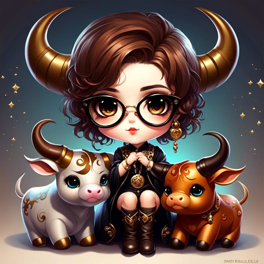 Chibi Girl with Taurus Toy: Zodiac Art