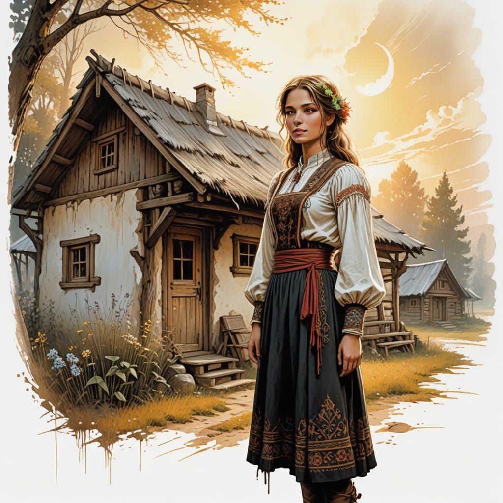 Whimsical Peasant Girl in Russian Cottage