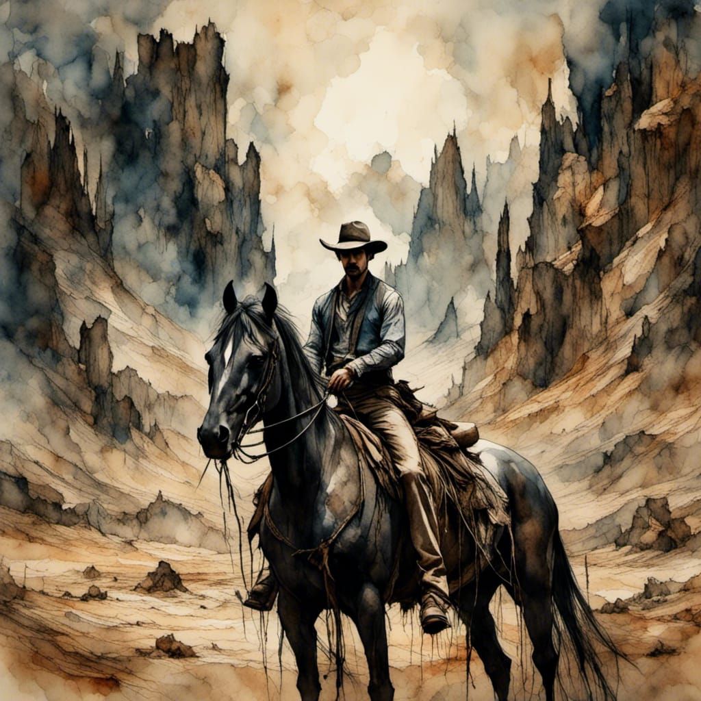 Dark Cowboy and Horse in Desert Landscape