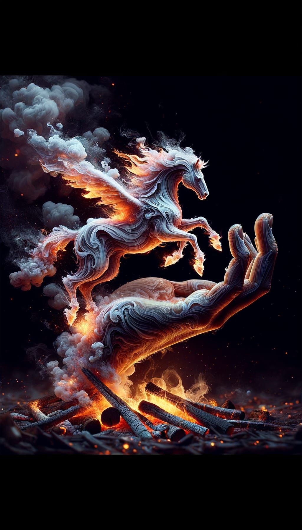 Fiery Smoke Hand Holding Pegasus