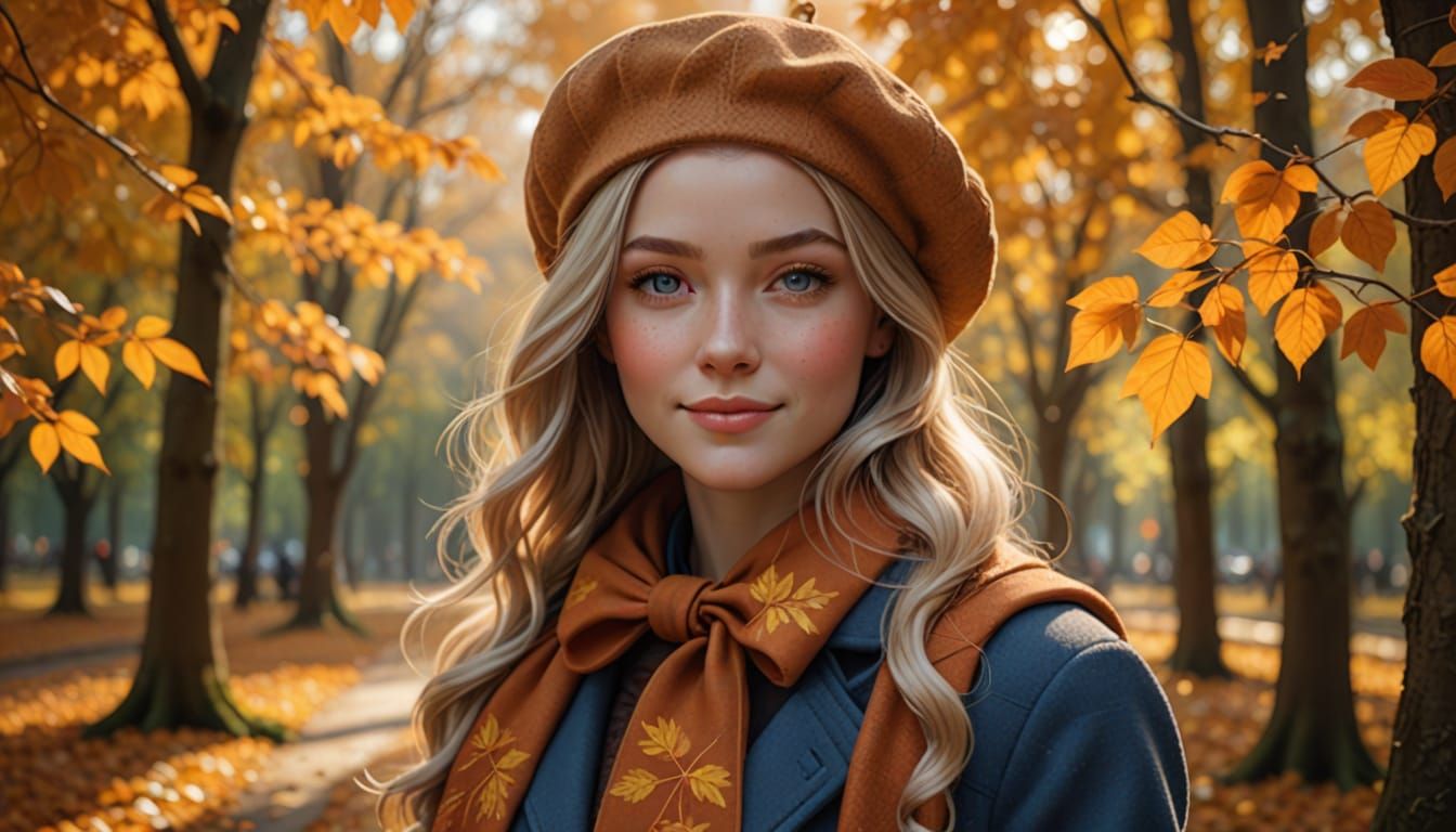 Girl with Autumn Leaves in Golden Hour Light