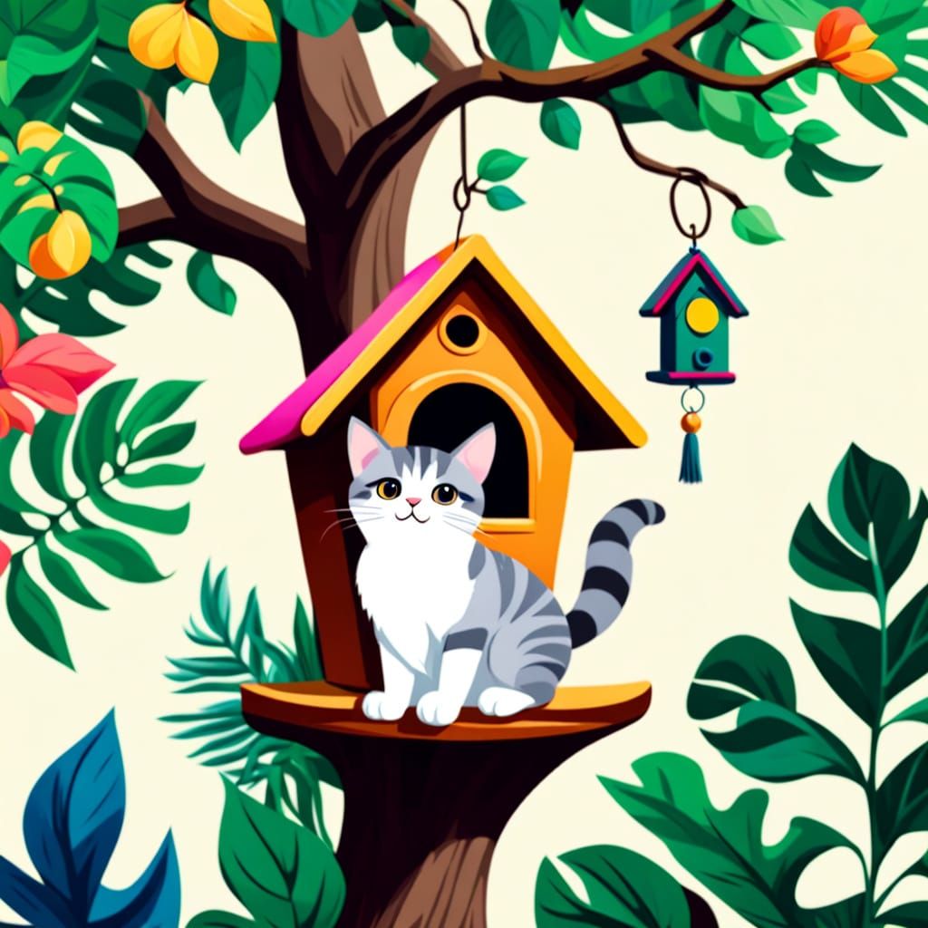 Vintage Whimsy: Tabby Cat Reaches for a Bright Bird