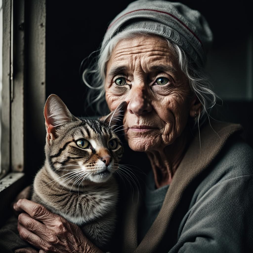 Fisherman and Cat Portrait in Ambient Light