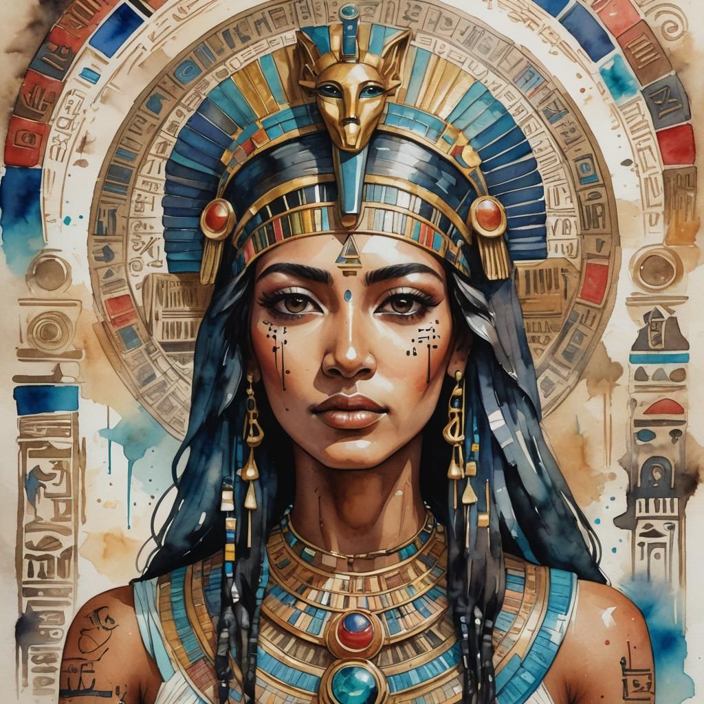 Isis, Egyptian Goddess, in Watercolor Portrait