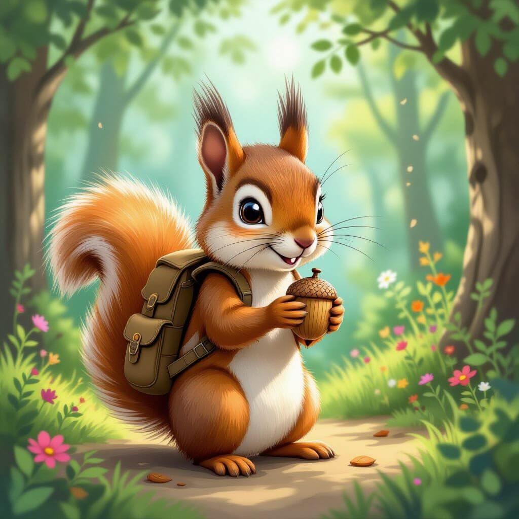 Whimsical Squirrel in Forest, Beatrix Potter Style