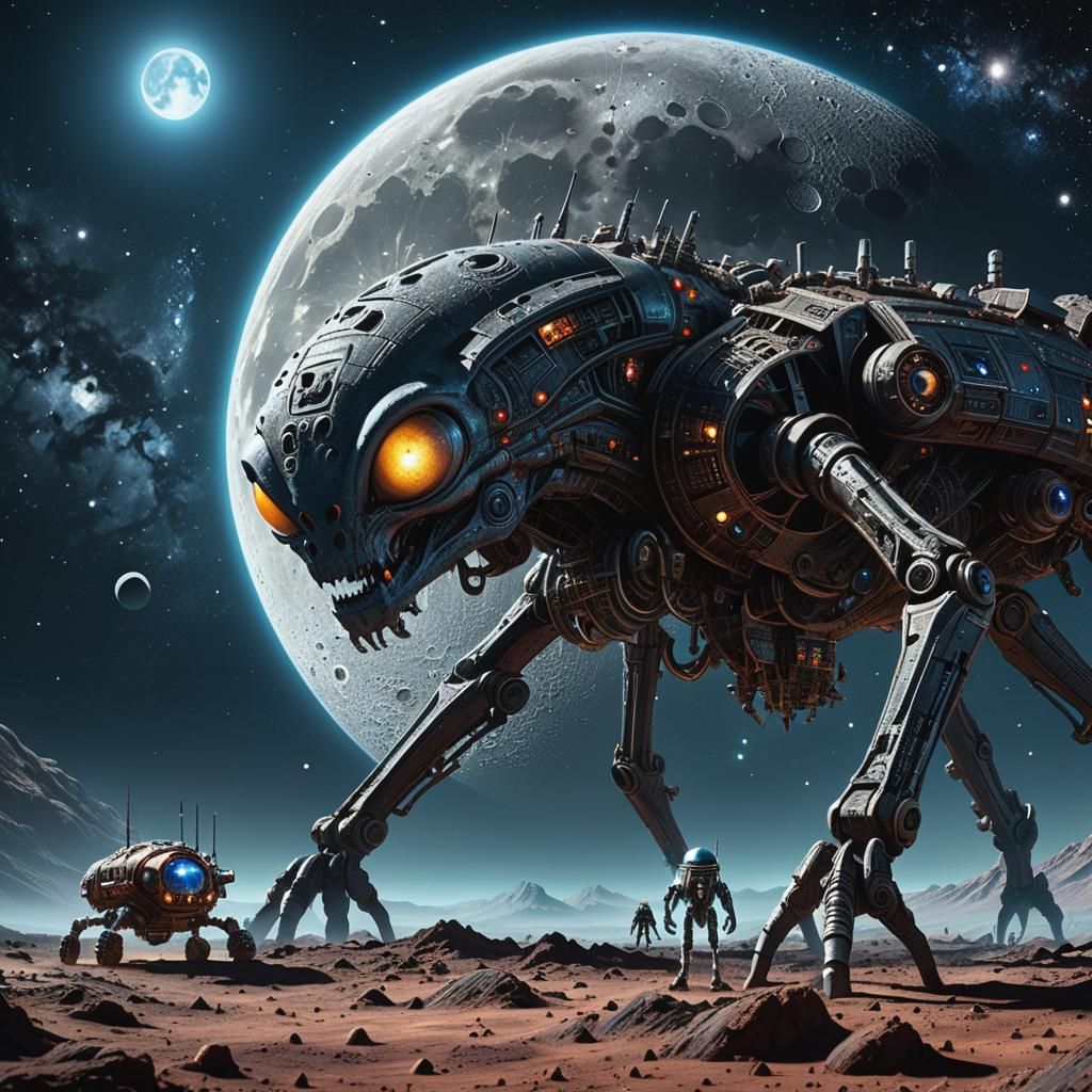 Dramatic Moonscape with Alien Machines in Dark Fantasy Style