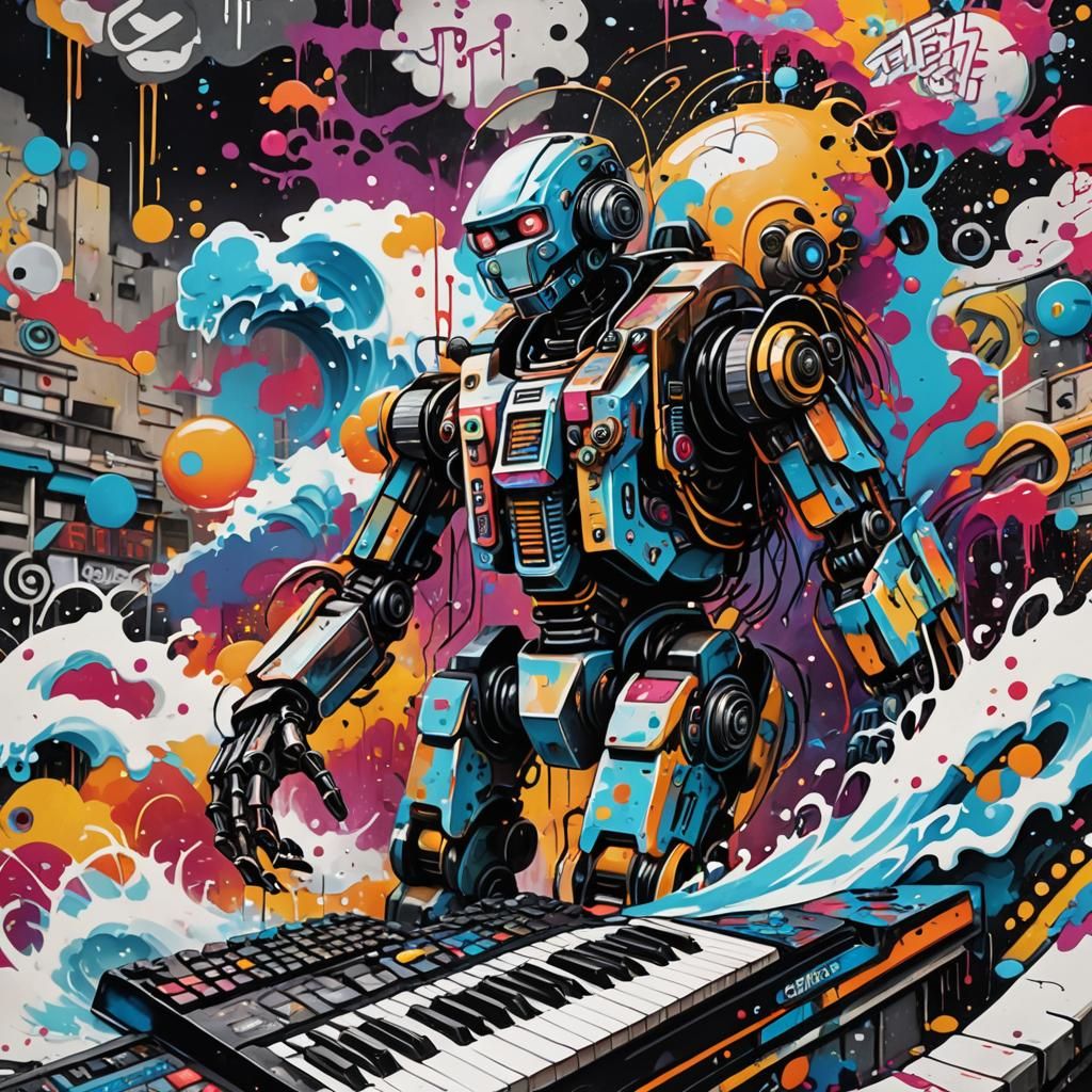 Robot Musician Rides a Tsunami Wave in Graffiti Art