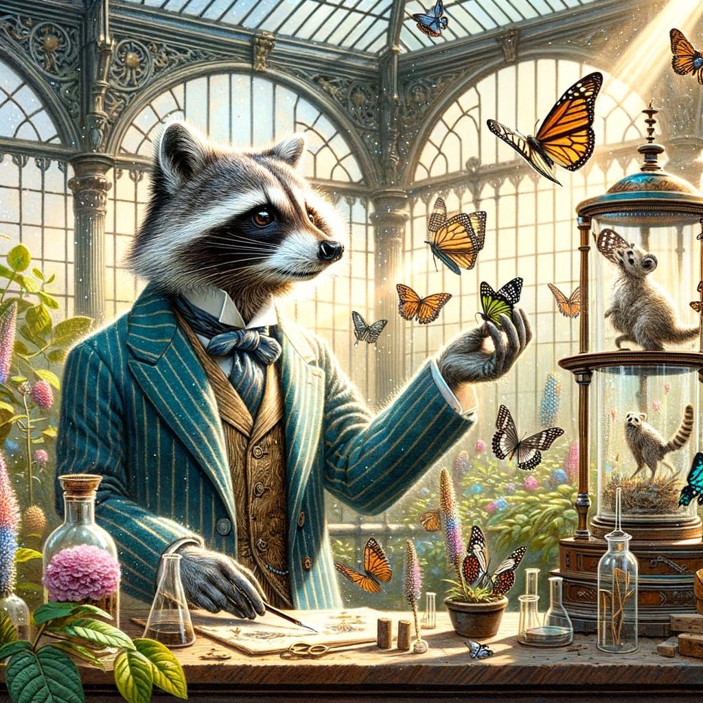 Raccoon Gentleman Studying Butterflies in Victorian Greenhou...