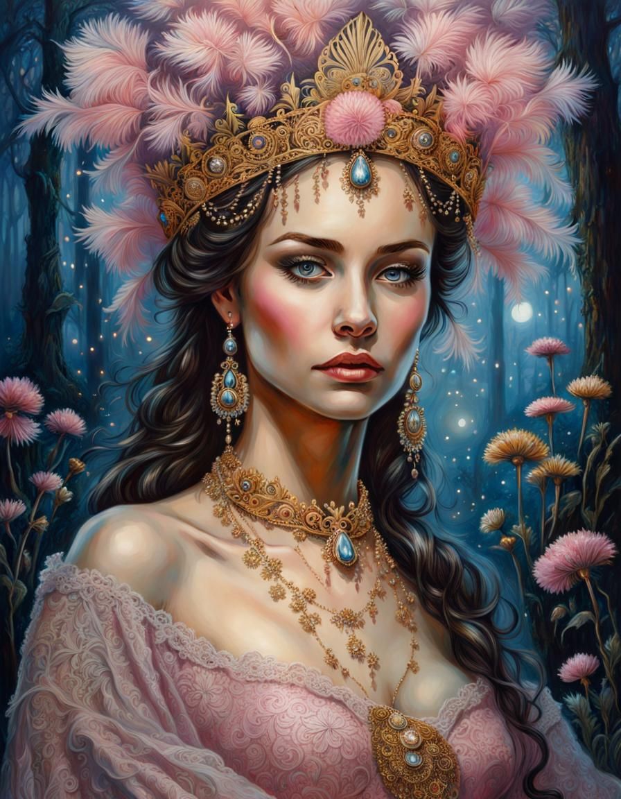 Beautiful Princess with Gold Crown in Moonlit Garden