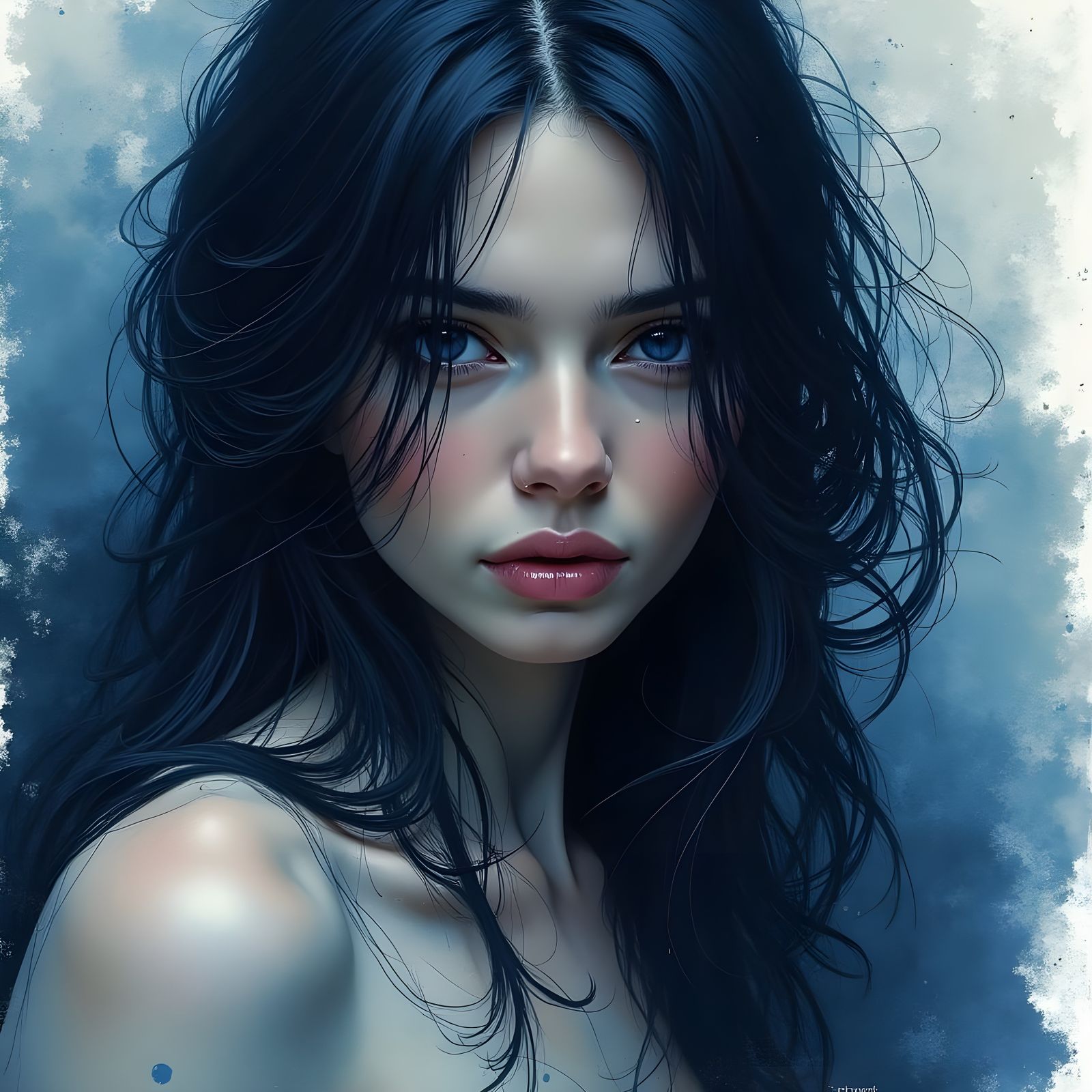 Enigmatic Woman in Dark Blue and White Watercolor