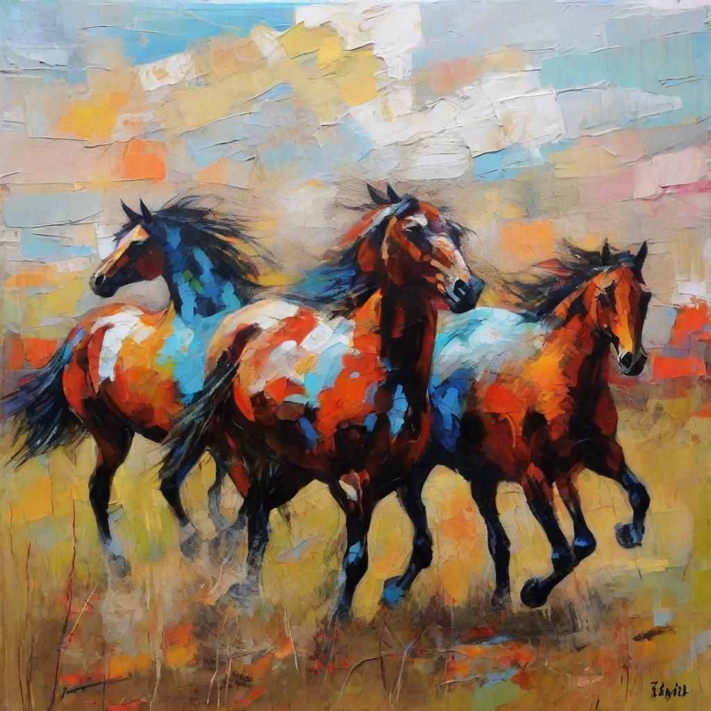 Horses Galloping: Vibrant Mixed Media Painting