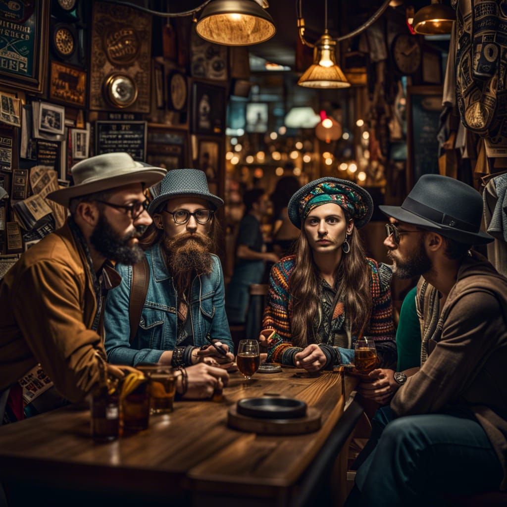 Hipsters at Table: Hyperrealistic, High-Contrast Image