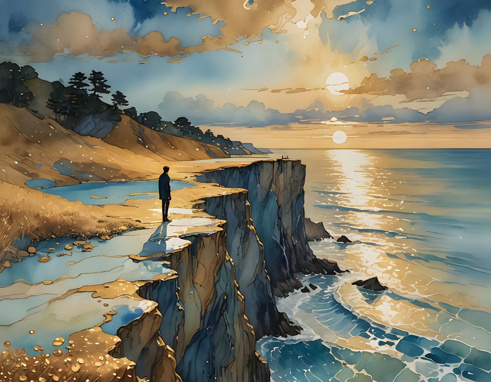 Golden Sunset over Blue Sea, Klimt-Inspired