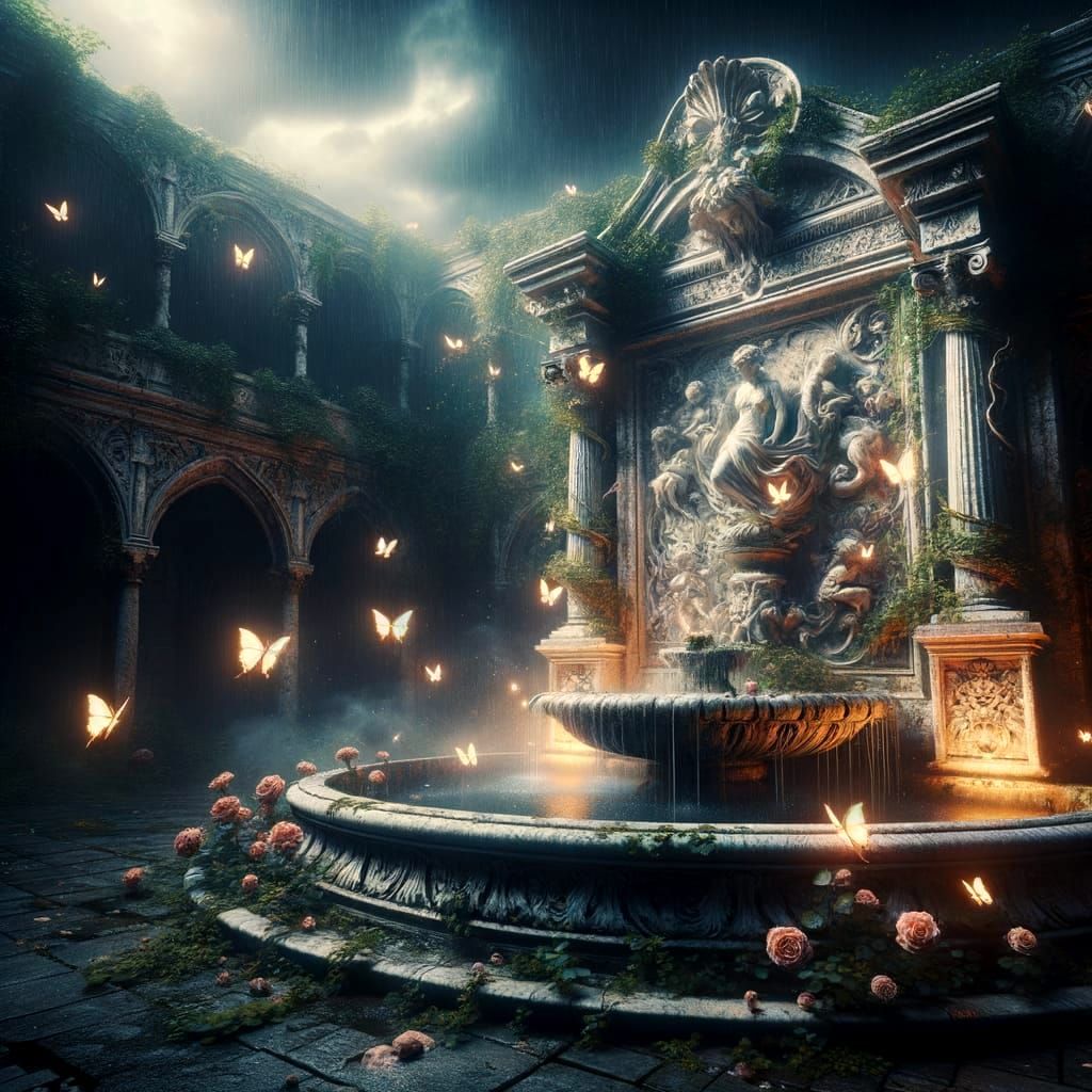 Ruined Marble Fountain in Overgrown Gothic Garden