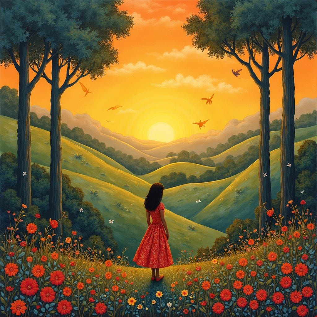 Whimsical Fantasy Scene in Naive Art Style