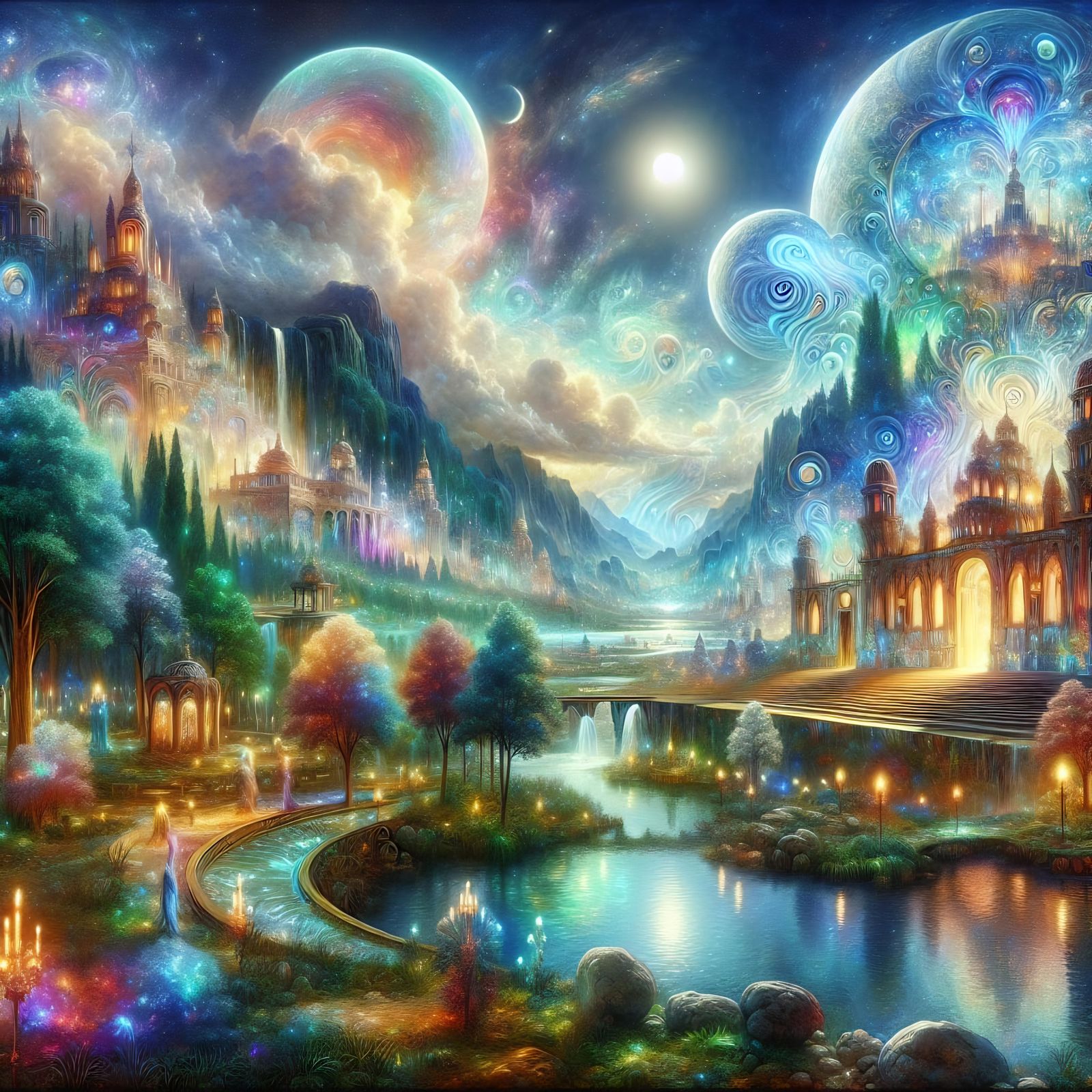 Luminous Structures in a Mythical Watercolor Landscape