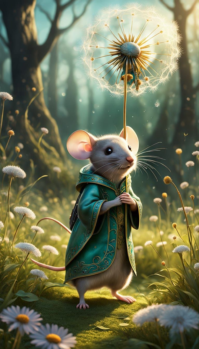Whimsical Mouse Soars with Dandelion Parachute in a Sun-Kiss...