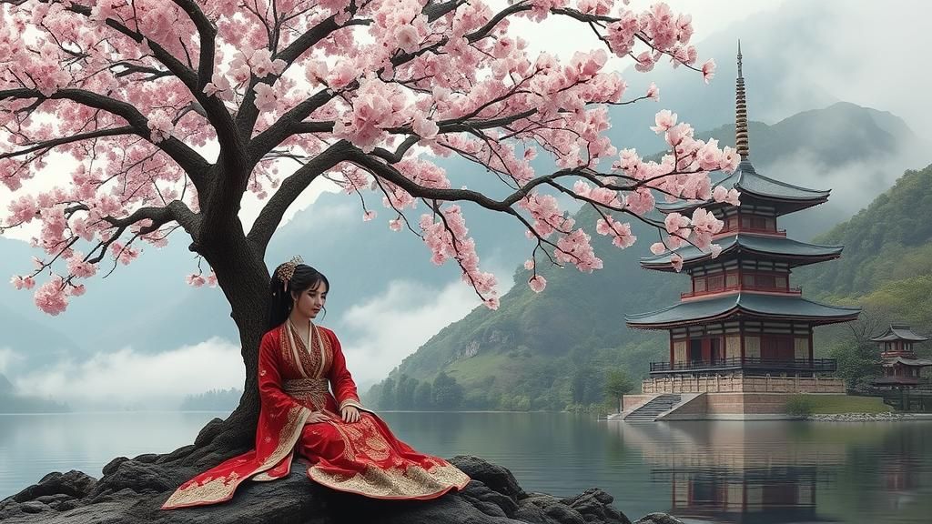 Sakura Tree Scene with Asian Woman, Oil Painting Style