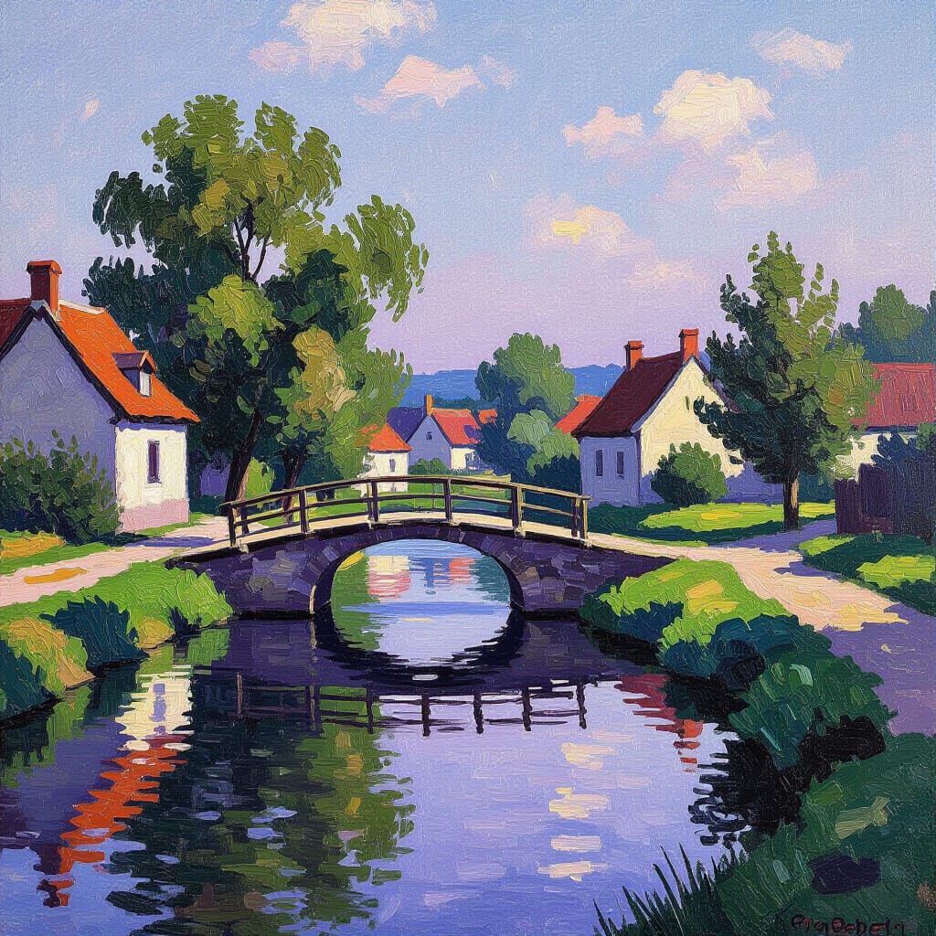 Peaceful Village Oil Painting with Rustic Bridge and River