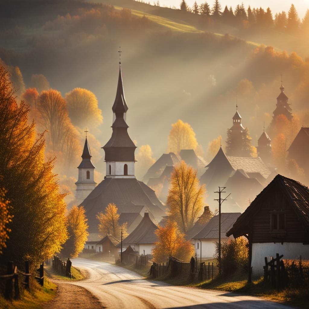 Picturesque Romanian Village in Autumn Light