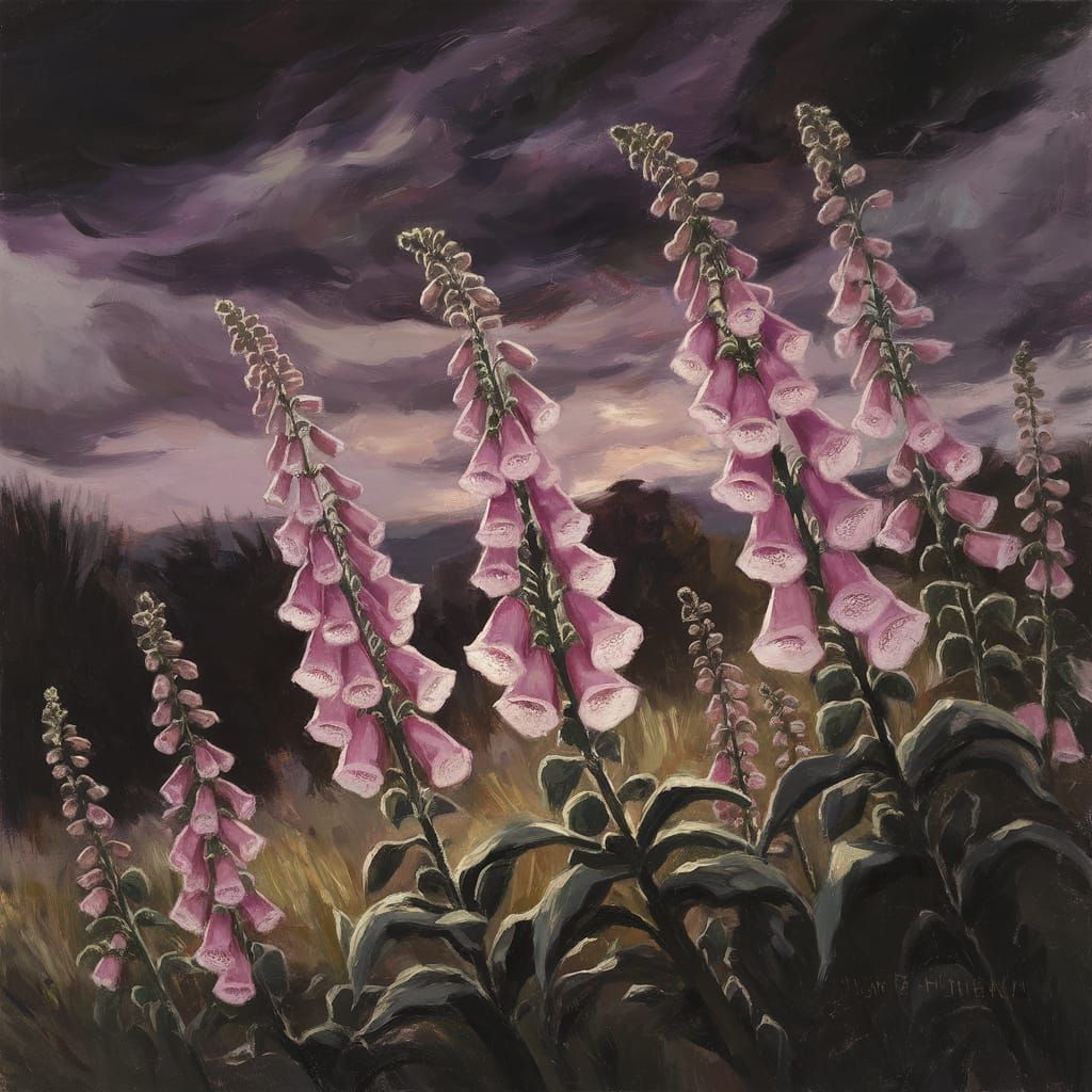 Foxgloves under a dark sky