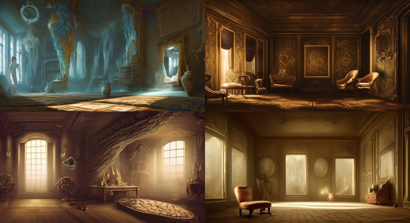 Intricate Backrooms: Detailed Matte Painting in Deep Color