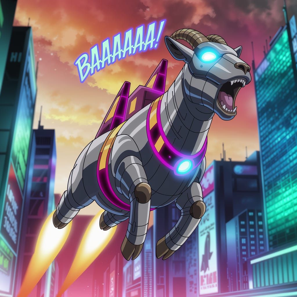 Cyberpunk Rocket Goat Soars Through Futuristic City