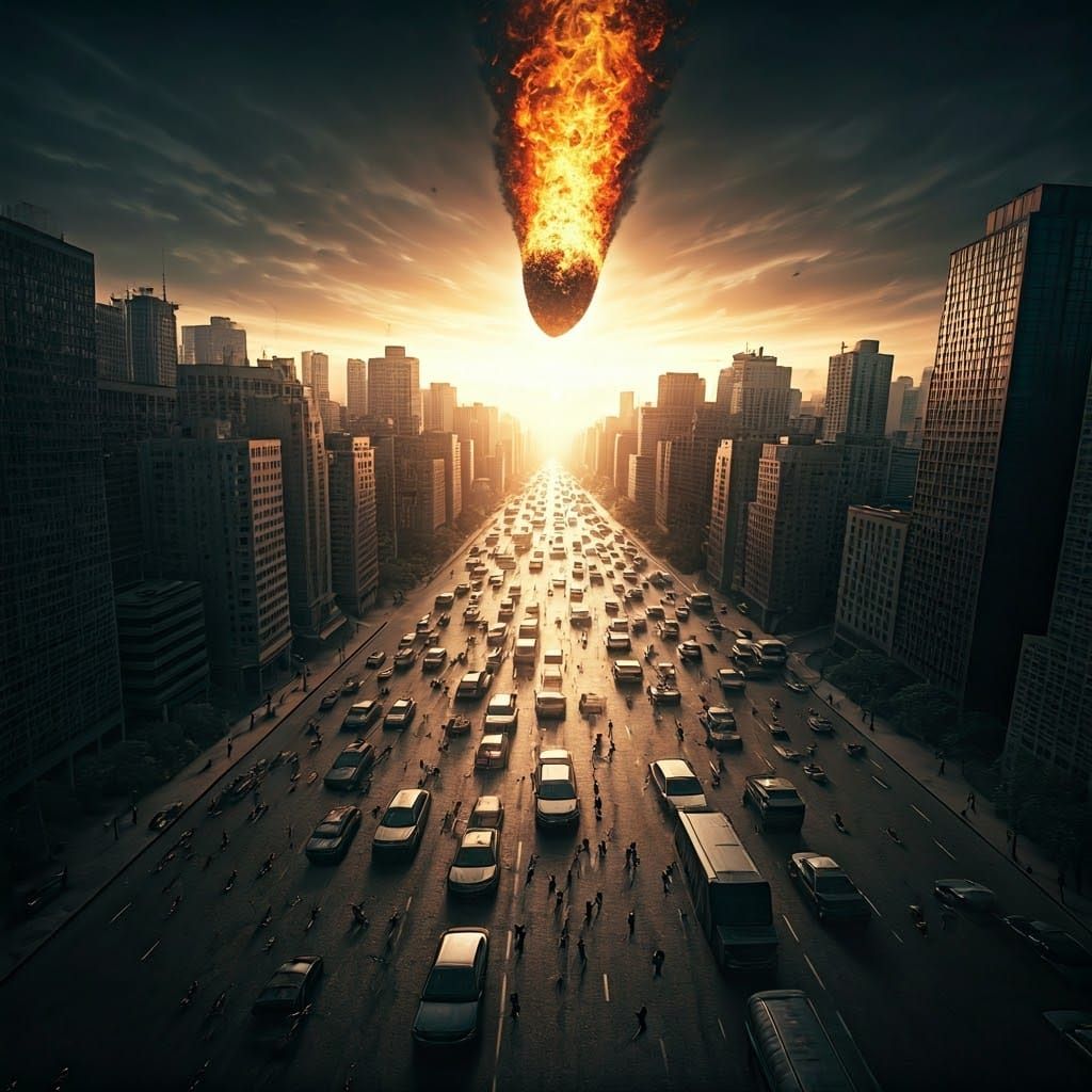Fiery Meteor Strikes Metropolis in Cinematic Dystopian Style