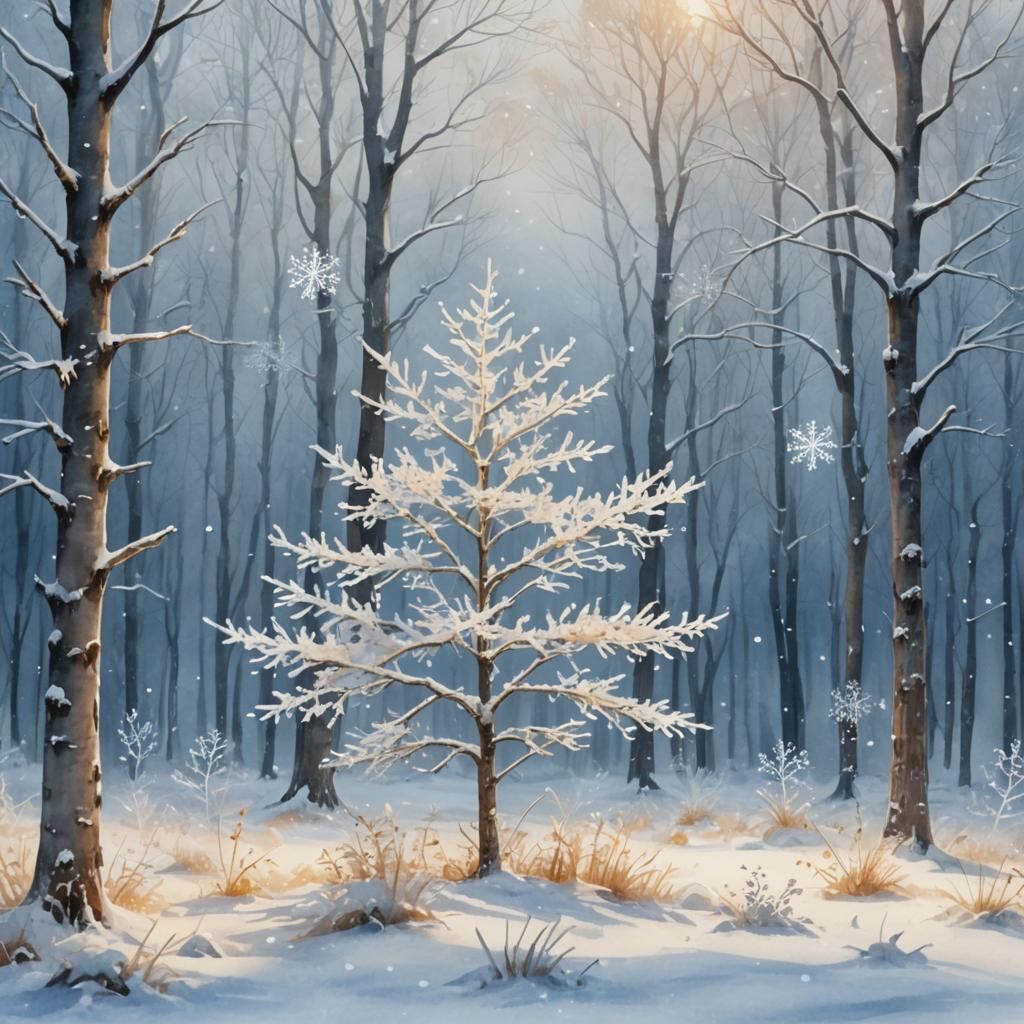 Snowy Tree in Winter Wonderland: Watercolor Style