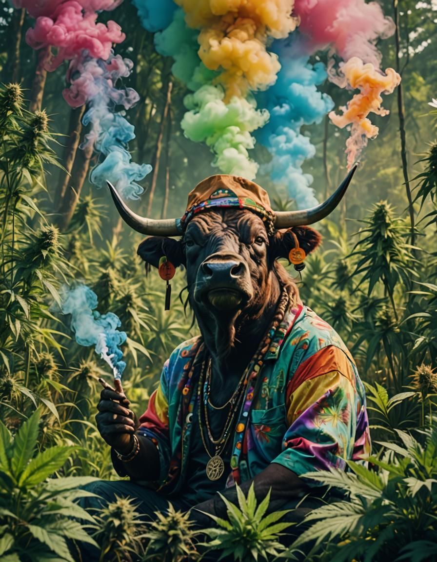 Hippie Bull Smoking Joint in Psychedelic Marsh