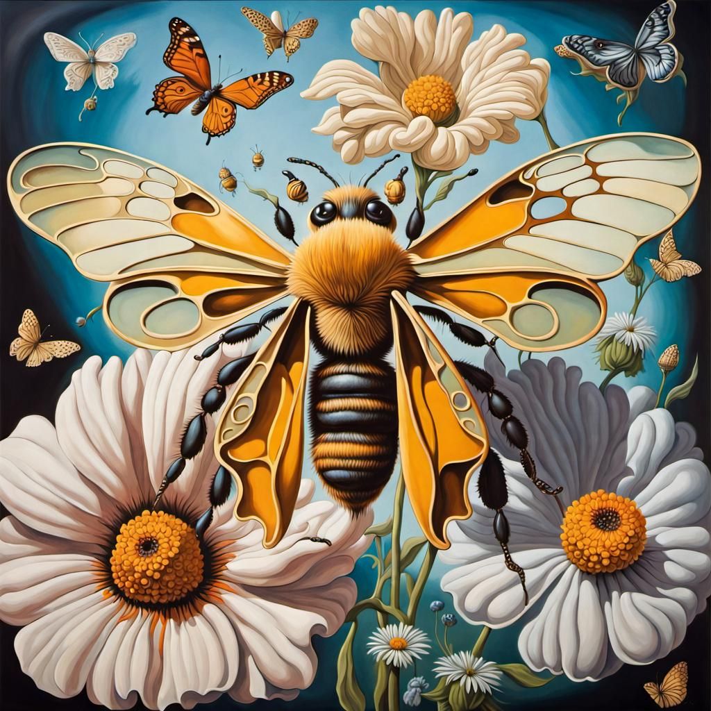 Detailed illustrations showcasing the beauty of bees and butterflies, among flowers  surrealism Salvador Dali matte back...