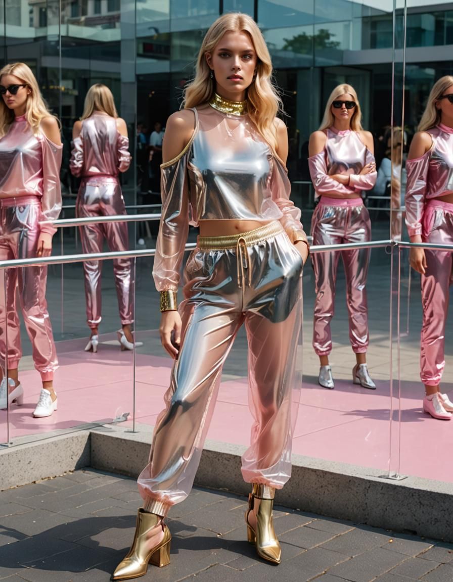 Blonde Model in See-Through Plastic Outfit