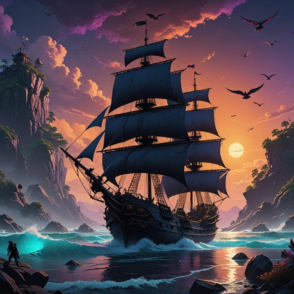 Mystical Pirate Ship at Sunset