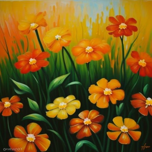 Orange Flowers in Garden, Neo-Impressionist Impasto Style