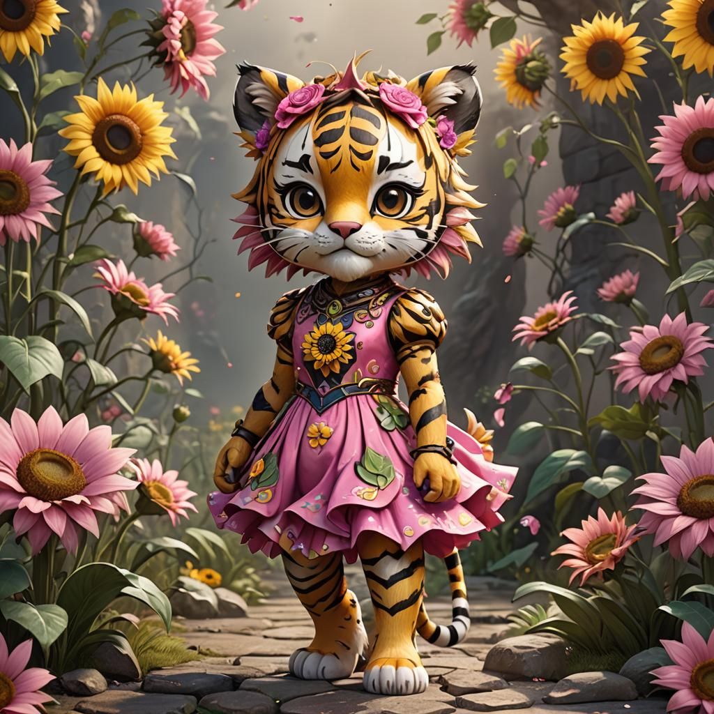 Chibi Tiger in Sunflower Dress: Fantasy Art