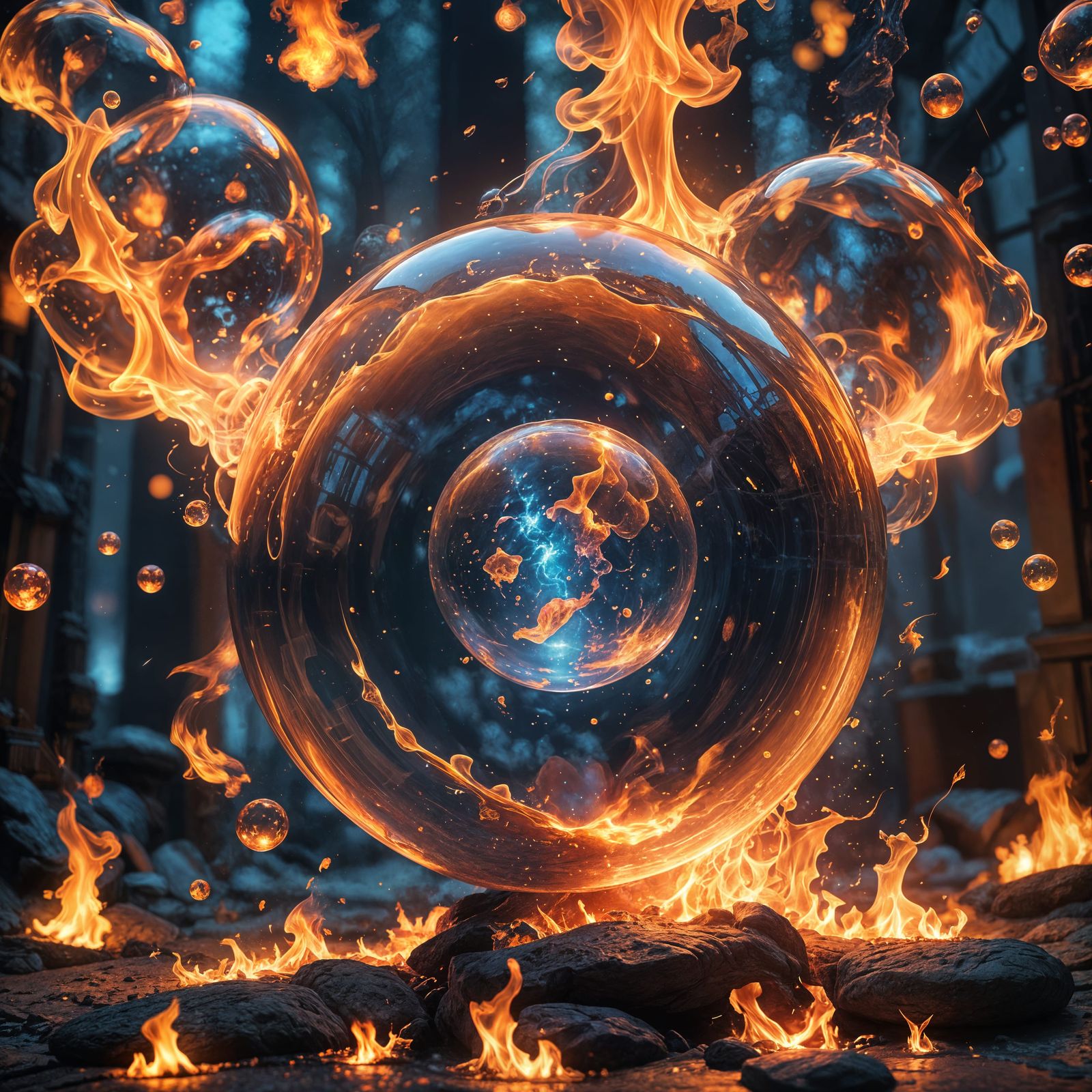 Hyperrealistic Fire Bubble Defying Gravity at Night