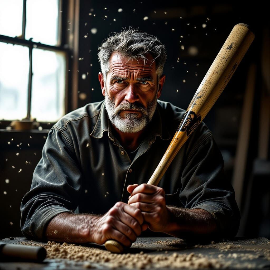 Wooden Man with Baseball Bat in Dim Workshop