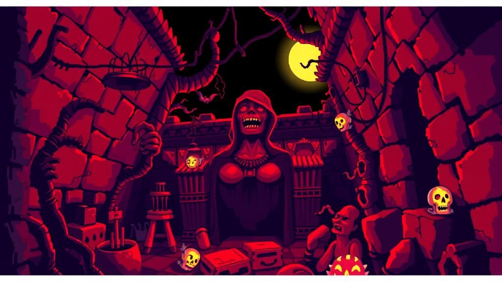 Eerie Pixel Art Scene in Retro Horror Style