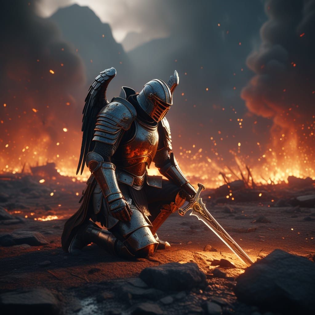 Majestic Armoured Angel in Devastated Battlefield
