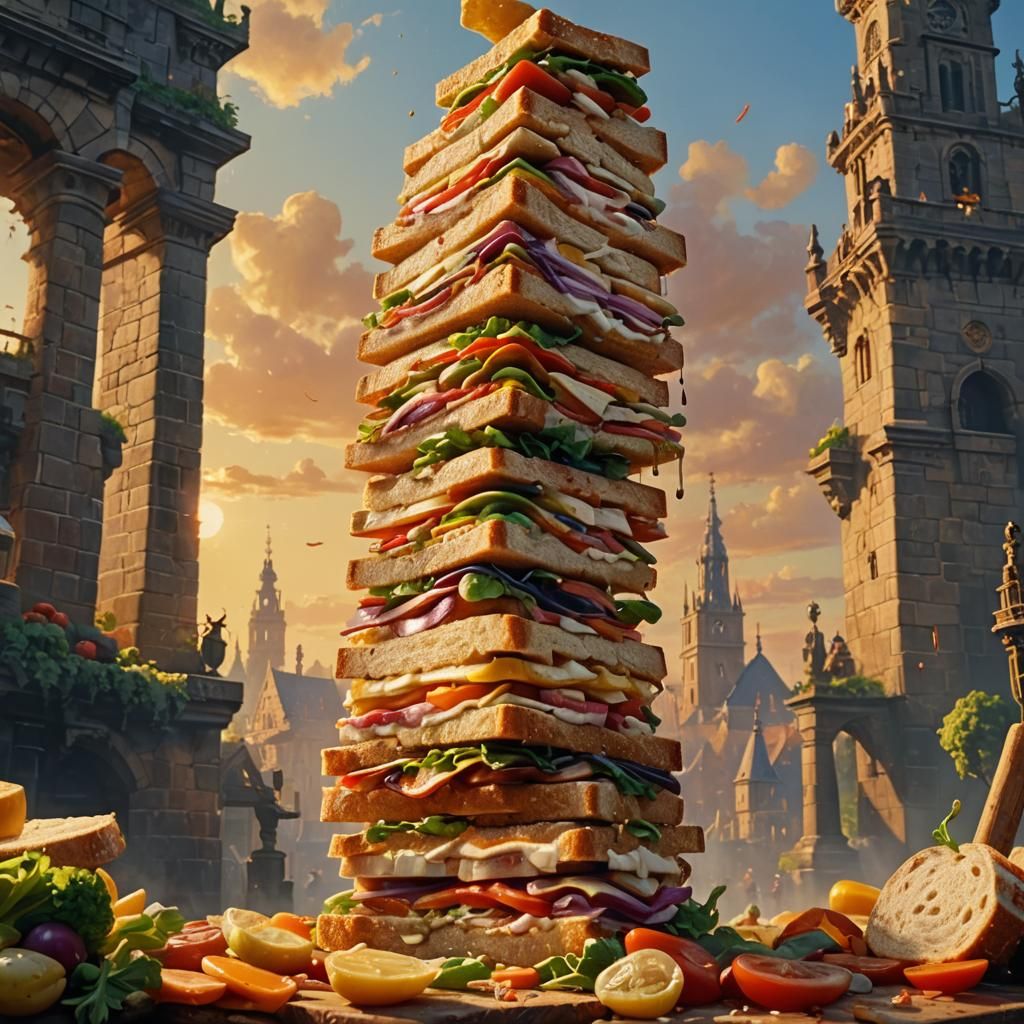 Tower of Sandwich: A Vibrant Oil Painting