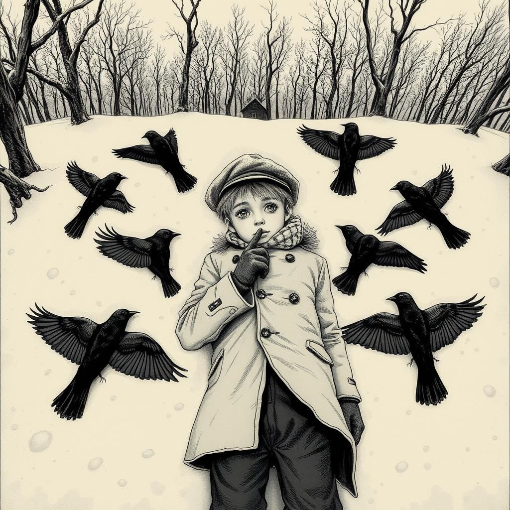 Eerie Snow Scene with Boy and Magpies in Gothic Style