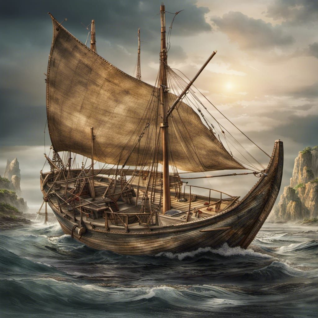 Ancient American Fishing Boat: Detailed Maritime Scene