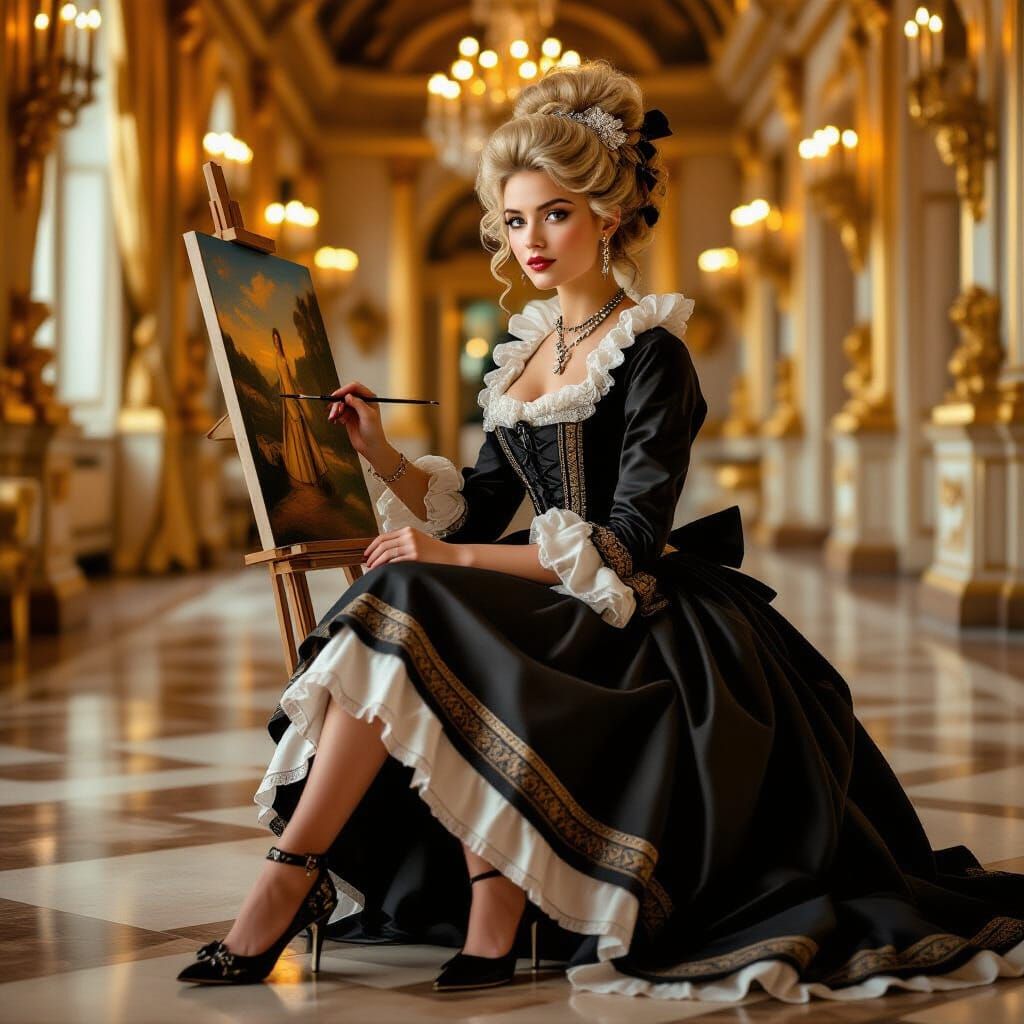 18th Century Woman Painting Elegantly in Golden Hall