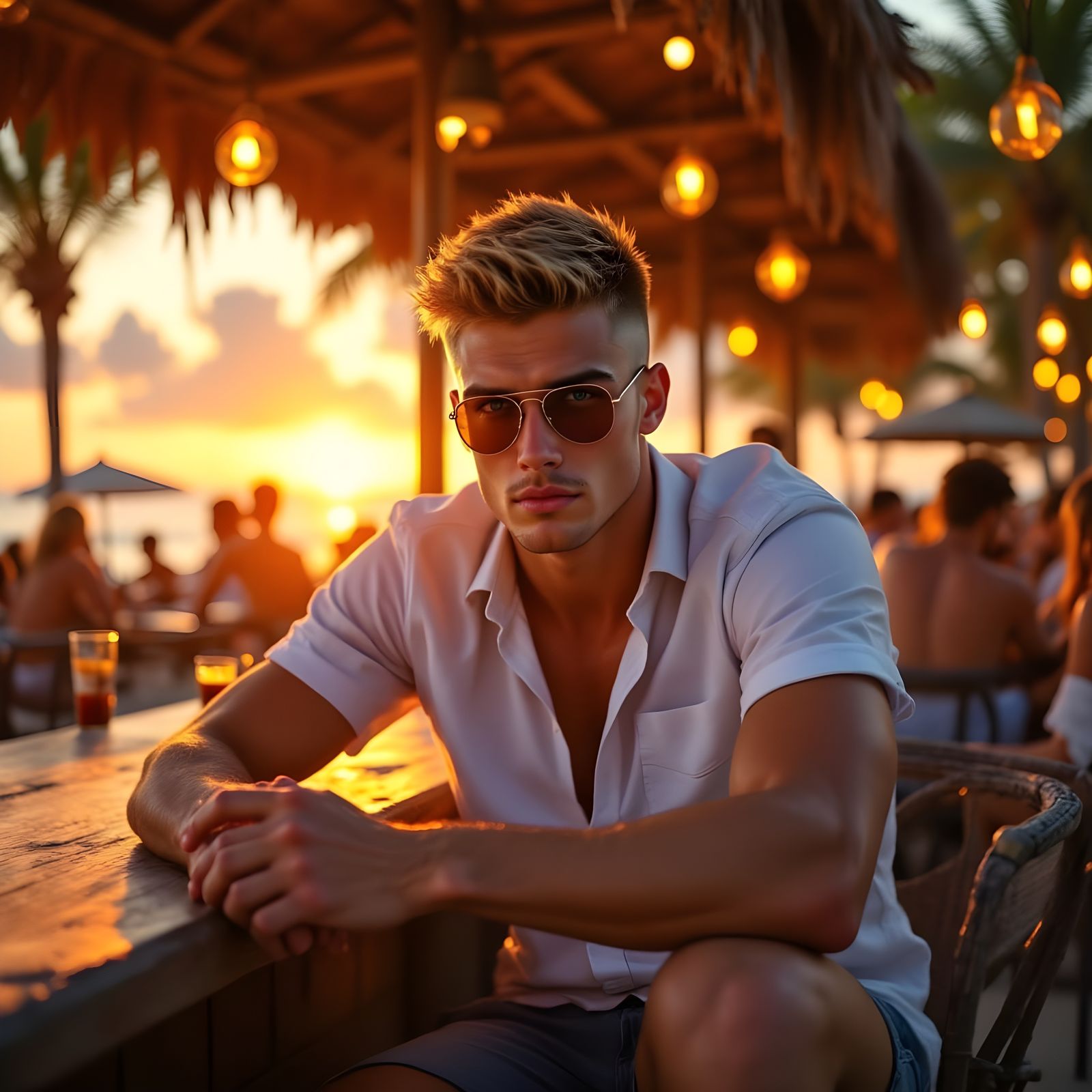 Surreal Sunset Gentleman Sits at Beachside Bar