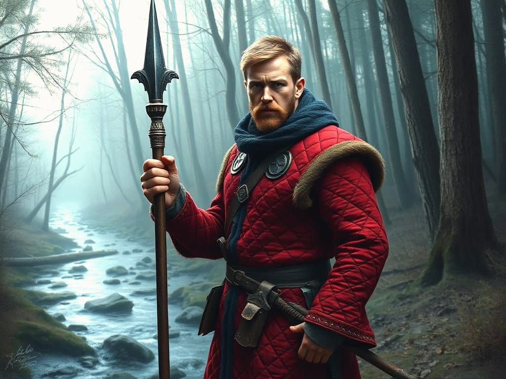 Nordic Soldier with Quarterstaff as Impasto Oil Painting