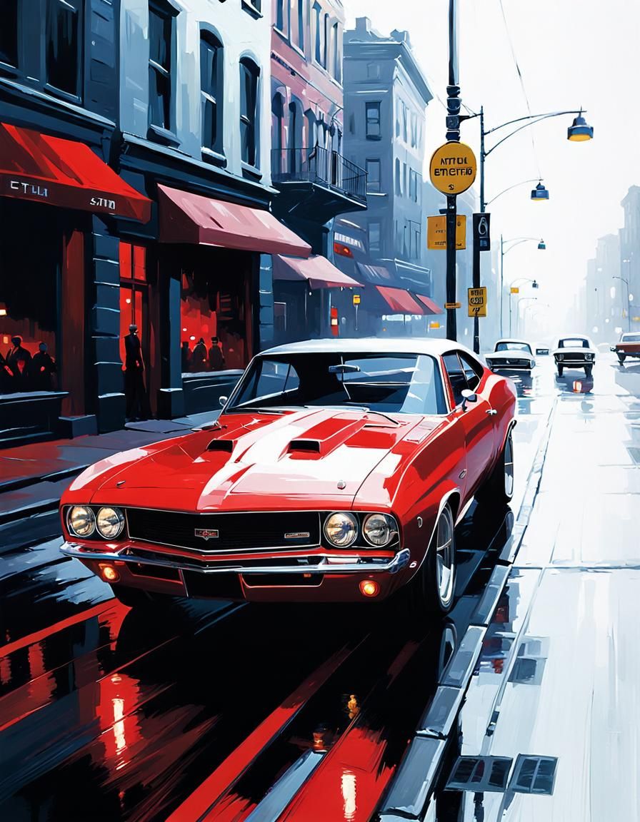 Red Car on City Street: Vector Matte Painting