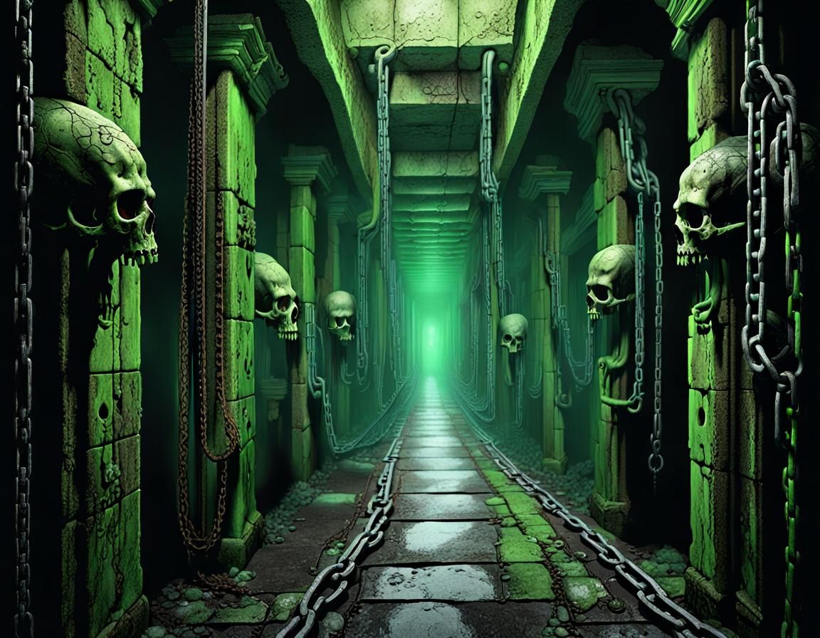 Dark Fantasy Dungeon Hallway with Eerie Glow