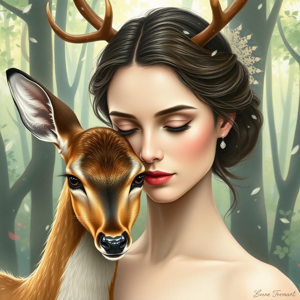 Elegant Woman with Deer Features in Mystical Forest